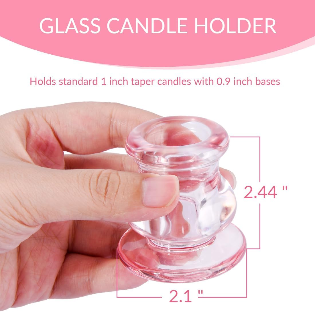 Pink Glass Candlestick Holders, Set of 4 Taper Candle Holders for Wedding, Decoration and Dinning