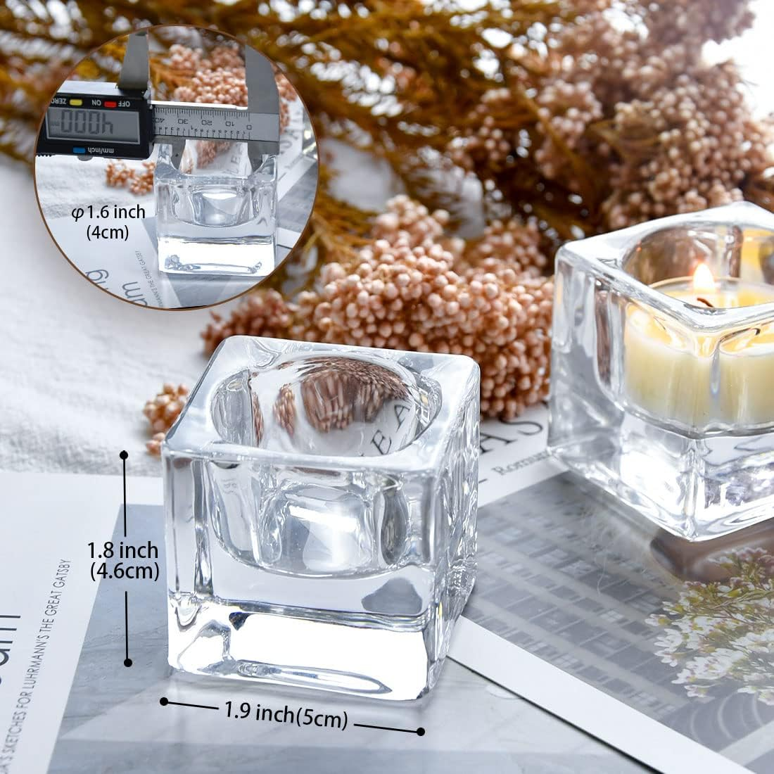 DEYBBY Clear Glass Tealight Holder, 4 Square Tealight Candle Holders, Crystal Tealight Holder