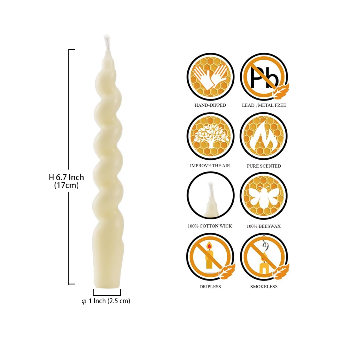 White Beeswax Spiral Candle, 7 inch 2 Pack Twisted Pure Beeswax Candles