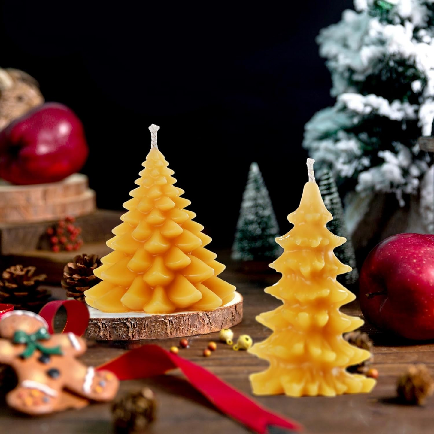 DEYBBY Christmas Tree Beeswax Candles, Xmas Tree Shaped Handmade Candles Set of 2 for Home Decor Party Bedroom Room Table Decorations(Big Pine)