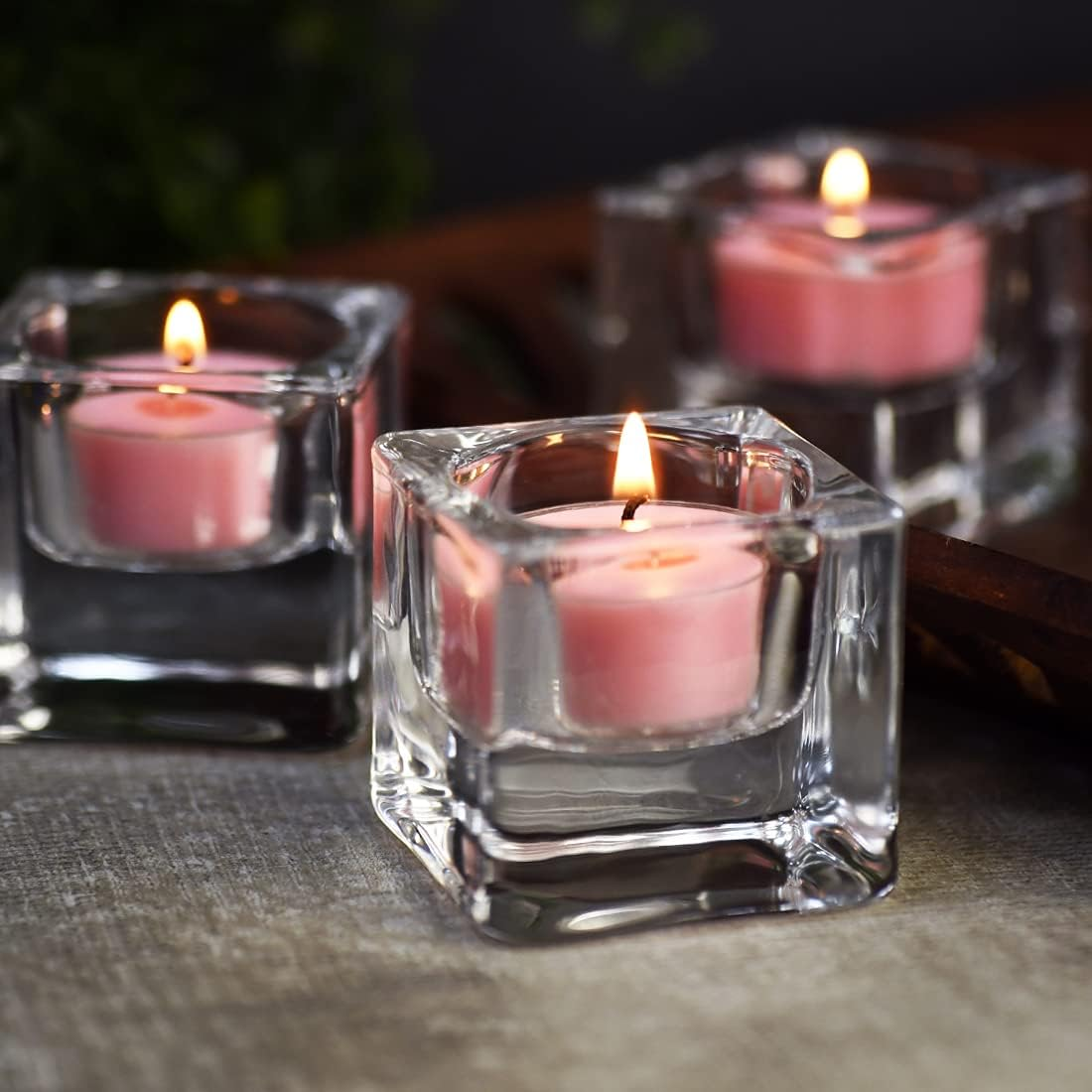 DEYBBY Clear Glass Tealight Holder, 4 Square Tealight Candle Holders, Crystal Tealight Holder