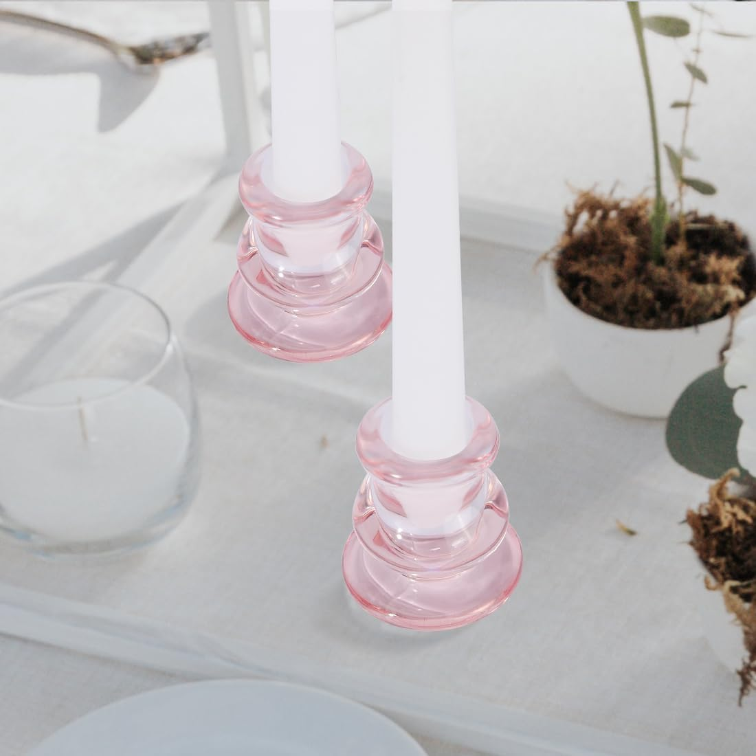 Pink Glass Candlestick Holders, Set of 4 Taper Candle Holders for Wedding, Decoration and Dinning