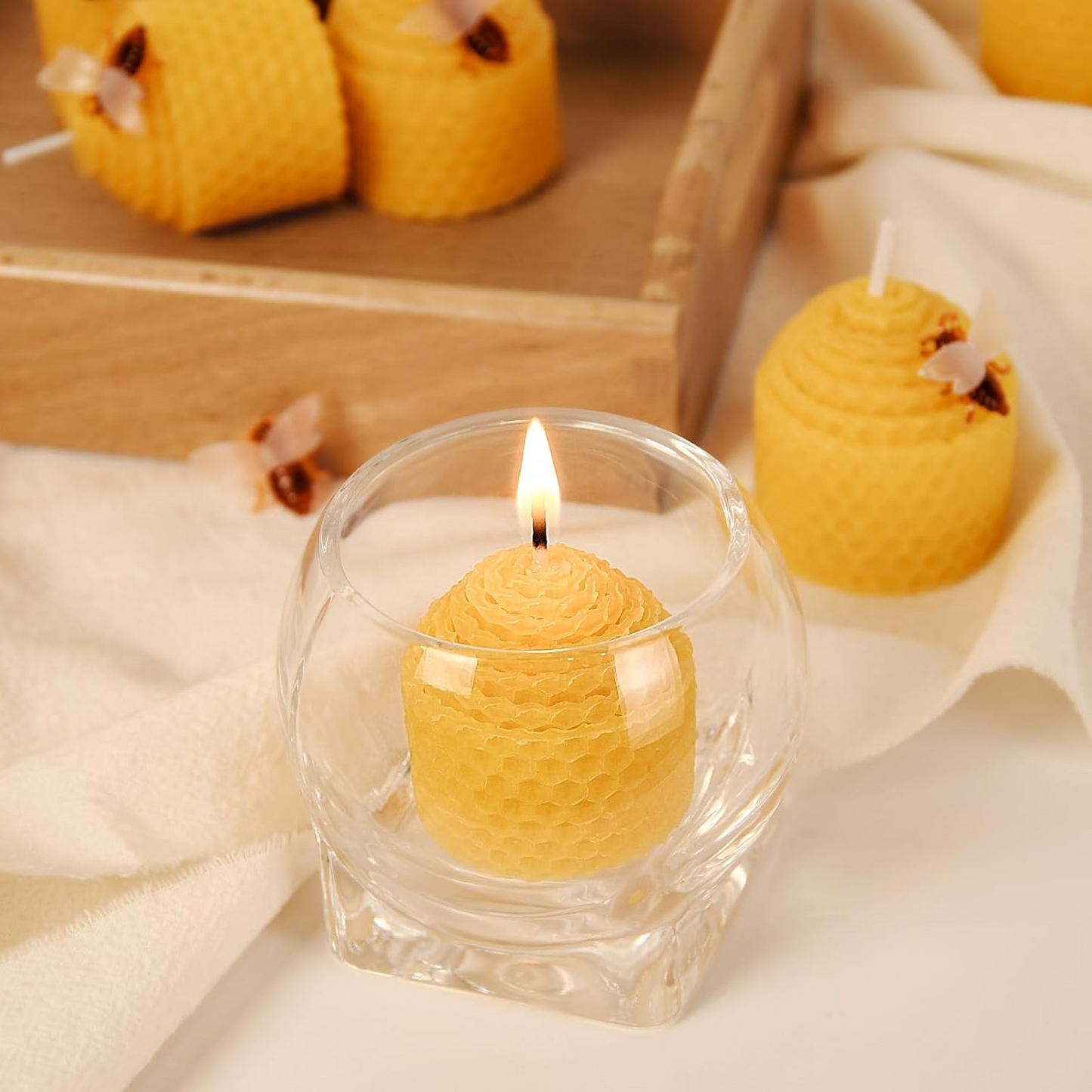 DEYBBY Natural Beeswax Candles Bulk Set, Small Bee Votive Candles with Little Bee Decorations as Gift (Yellow)