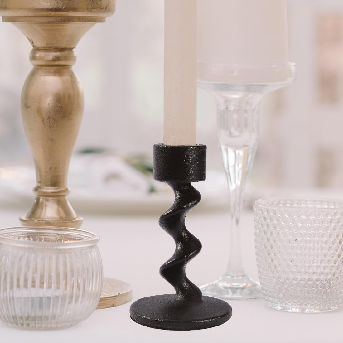 Matte Black Spiral Iron Taper Candlestick Holders