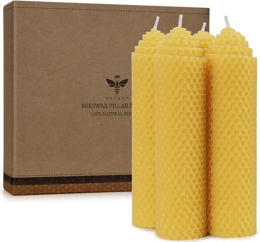 Beeswax Pillar Candles Set of 4 - Handmade Pure Beeswax Rolled Candles for Gift & Home Decor (1.5×6 in)