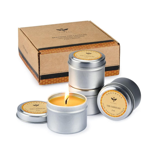 DEYBBY Pure Beeswax Emergency Candle Set of 4 - Natural Honey Scented Travel Tin