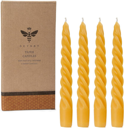 DEYBBY 7" Spiral Beeswax Candles - Set of 4, Dripless & Smokeless Pure Beeswax Taper Candles for Home Decor