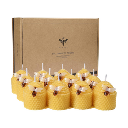 DEYBBY Natural Beeswax Candles Bulk Set, Small Bee Votive Candles with Little Bee Decorations as Gift (Yellow)