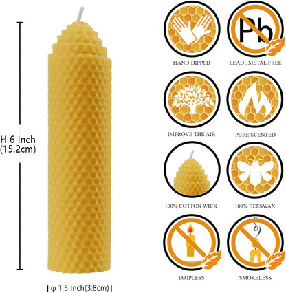 Beeswax Pillar Candles Set of 4 - Handmade Pure Beeswax Rolled Candles for Gift & Home Decor (1.5×6 in)