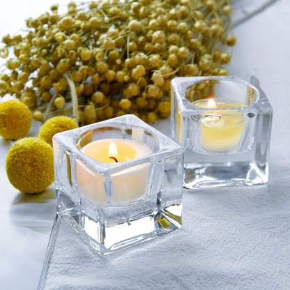 DEYBBY Clear Glass Tealight Holder, 4 Square Tealight Candle Holders, Crystal Tealight Holder