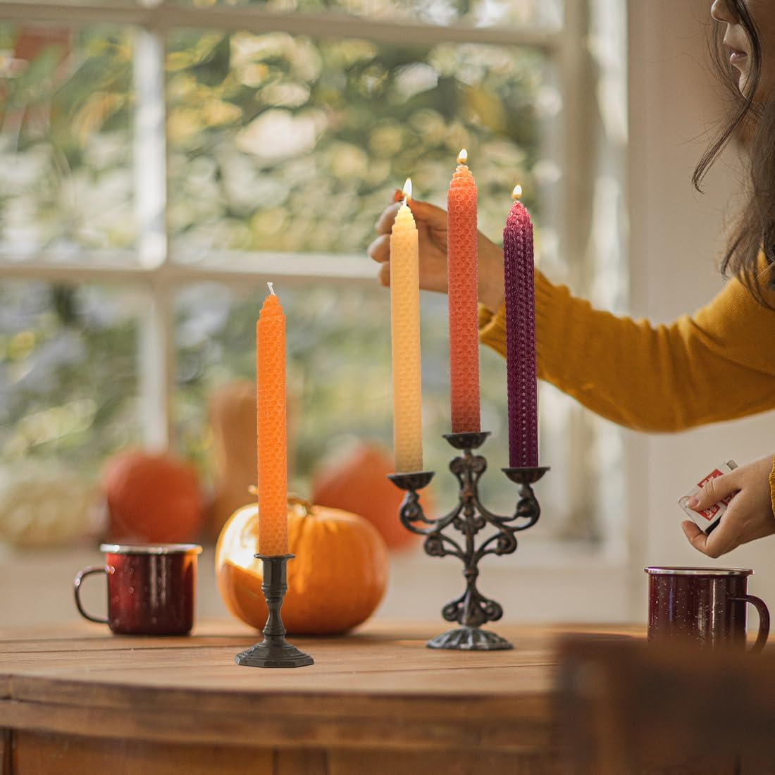 DEYBBY 8" Hand-Rolled Beeswax Taper Candles 4 Pack(Yellow Orange Brown Fall)