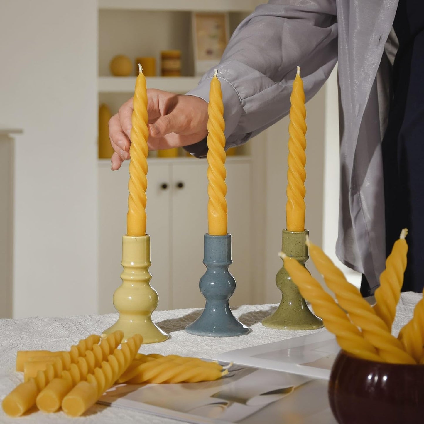 DEYBBY 7" Spiral Beeswax Candles - Set of 4, Dripless & Smokeless Pure Beeswax Taper Candles for Home Decor