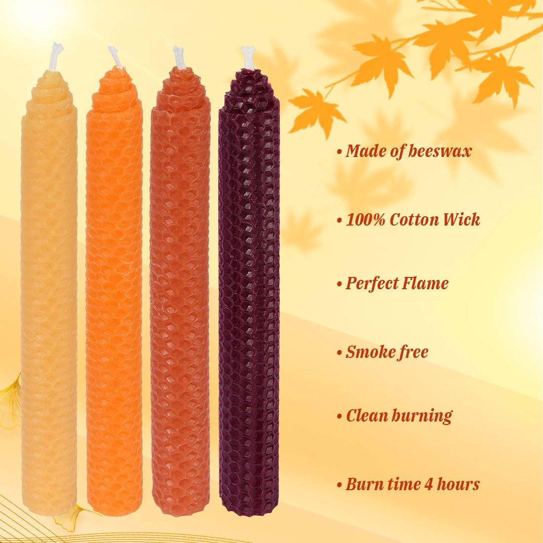 DEYBBY 8" Hand-Rolled Beeswax Taper Candles 4 Pack(Yellow Orange Brown Fall)