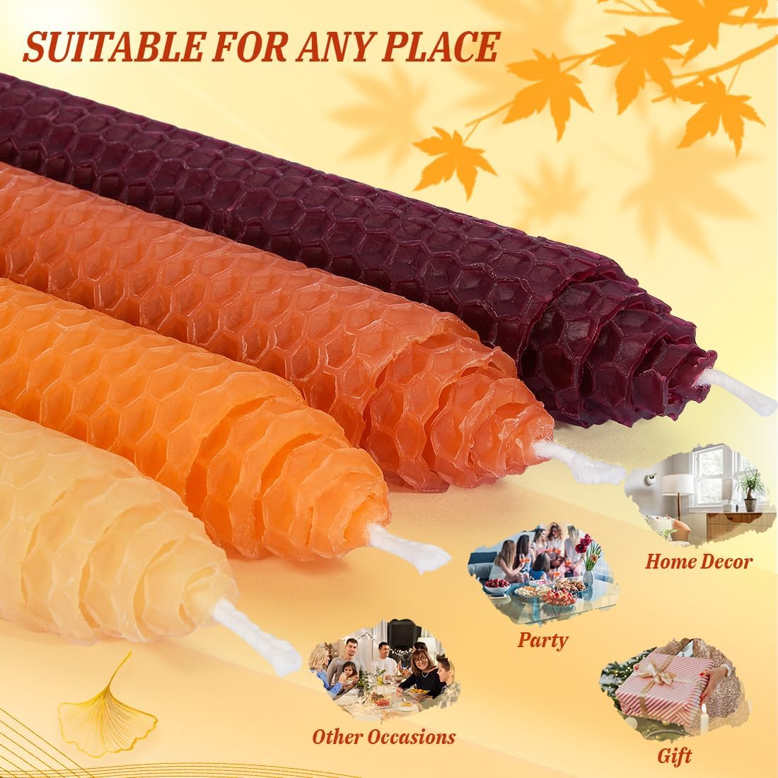 DEYBBY 8" Hand-Rolled Beeswax Taper Candles 4 Pack(Yellow Orange Brown Fall)