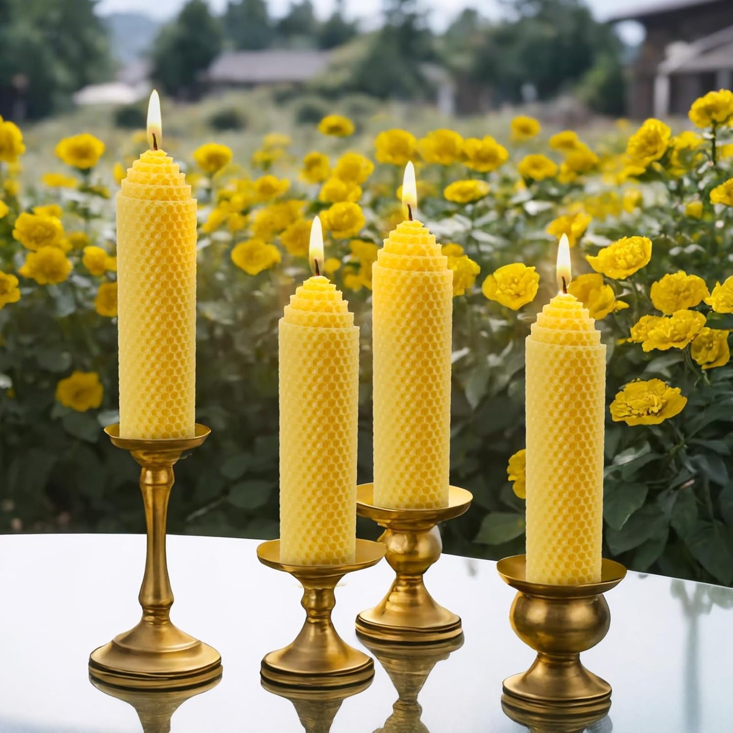 Beeswax Pillar Candles Set of 4 - Handmade Pure Beeswax Rolled Candles for Gift & Home Decor (1.5×6 in)