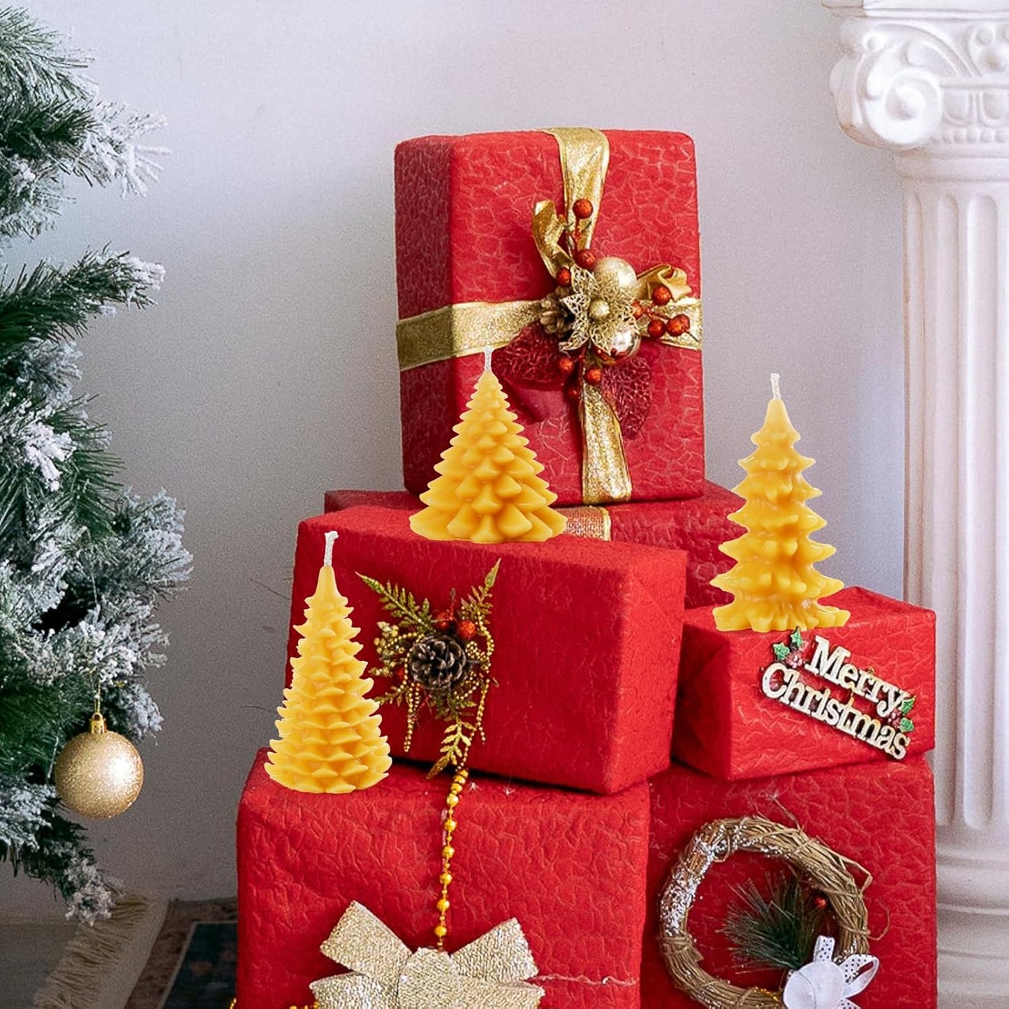 DEYBBY Christmas Tree Beeswax Candles, Xmas Tree Shaped Handmade Candles Set of 2 for Home Decor Party Bedroom Room Table Decorations（Big Pine）