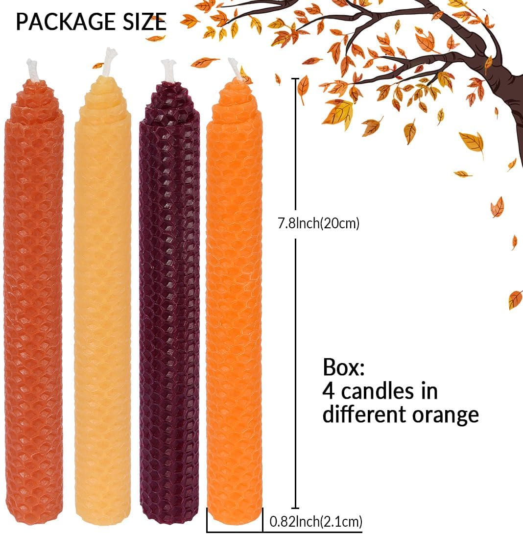 DEYBBY 8" Hand-Rolled Beeswax Taper Candles 4 Pack(Yellow Orange Brown Fall)
