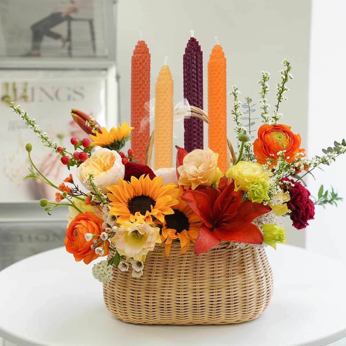 DEYBBY 8" Hand-Rolled Beeswax Taper Candles 4 Pack(Yellow Orange Brown Fall)