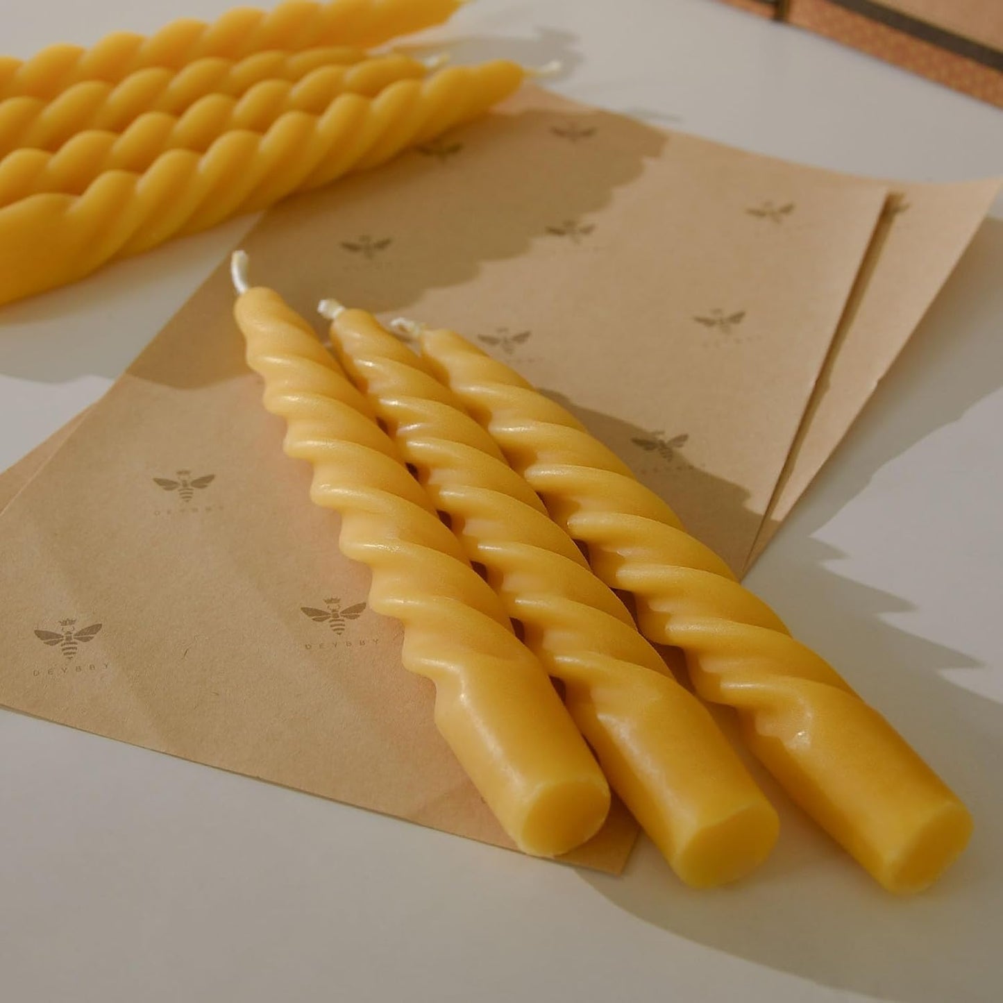 DEYBBY 7" Spiral Beeswax Candles - Set of 4, Dripless & Smokeless Pure Beeswax Taper Candles for Home Decor