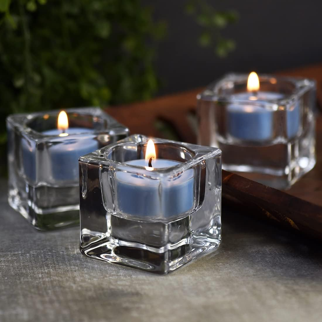 DEYBBY Clear Glass Tealight Holder, 4 Square Tealight Candle Holders, Crystal Tealight Holder