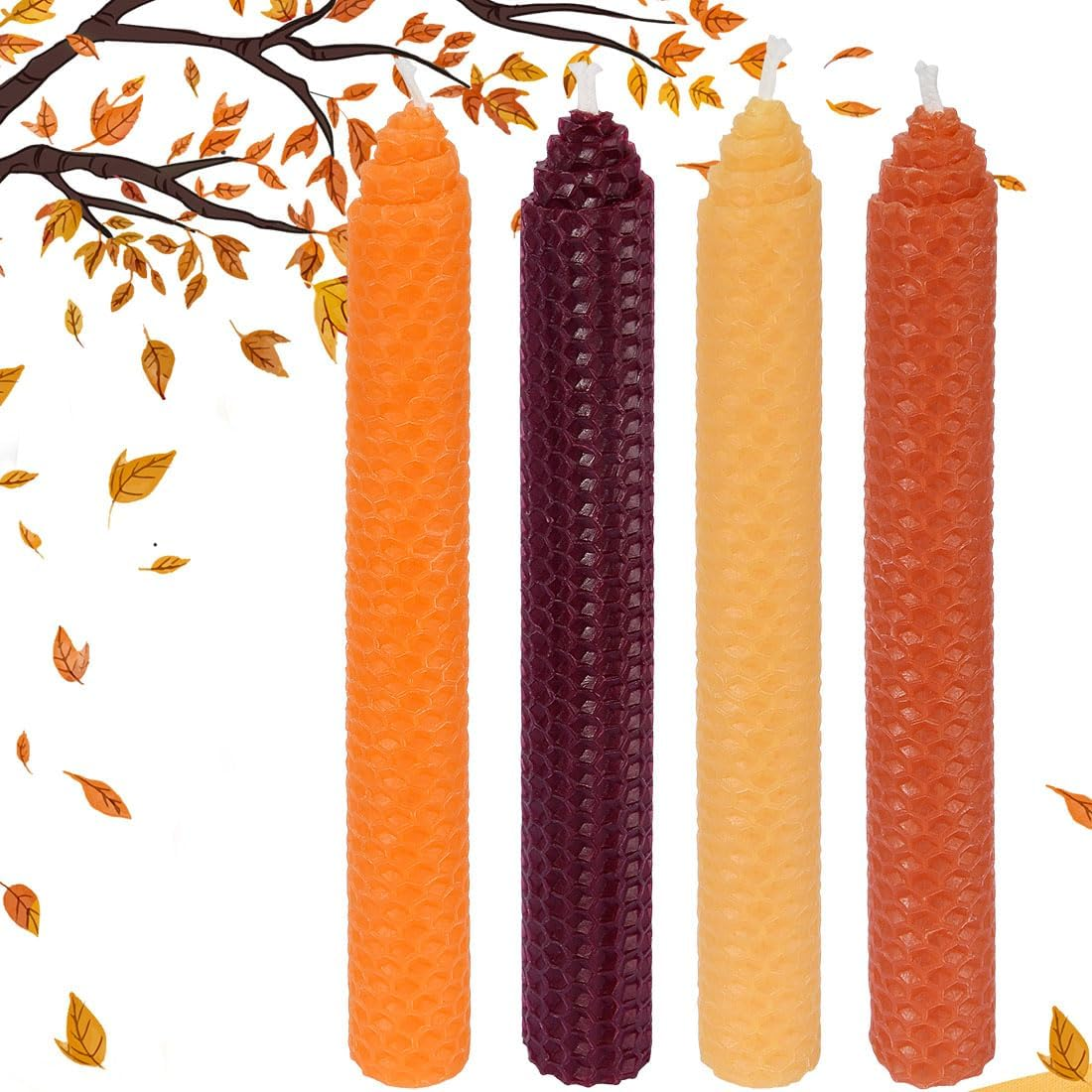 DEYBBY 8" Hand-Rolled Beeswax Taper Candles 4 Pack(Yellow Orange Brown Fall)