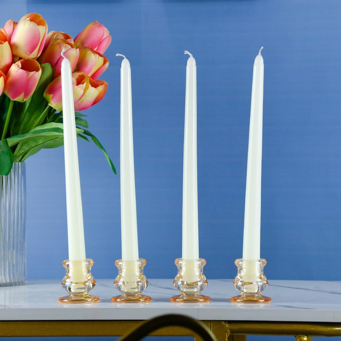 Amber Glass Candlestick Holders, Set of 4 Taper Candle Holders for Wedding, Decoration and Dinning