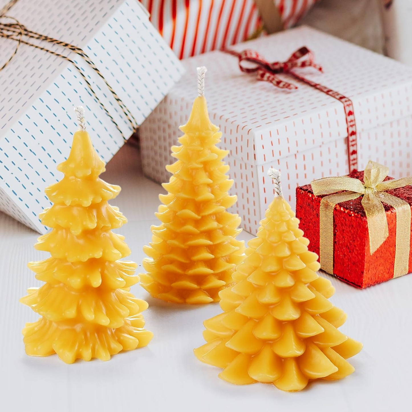 DEYBBY Christmas Tree Beeswax Candles, Xmas Tree Shaped Handmade Candles Set of 2 for Home Decor Party Bedroom Room Table Decorations(Small Pine)